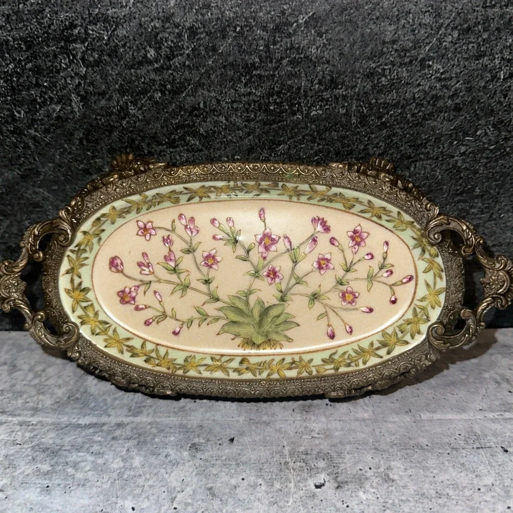 VINTAGE HUA PING TANG ZHI SOAP DISH TRINKET FLORAL Pink Flower PORCELAIN